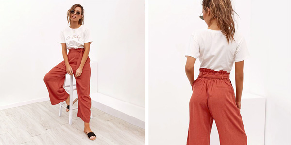 Pantalón de lino para mujer con cintura alta chollo en AliExpress