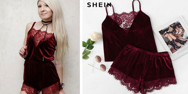 Pijama corto de terciopelo Shein en rojo burdeos para mujer barato en AliExpress
